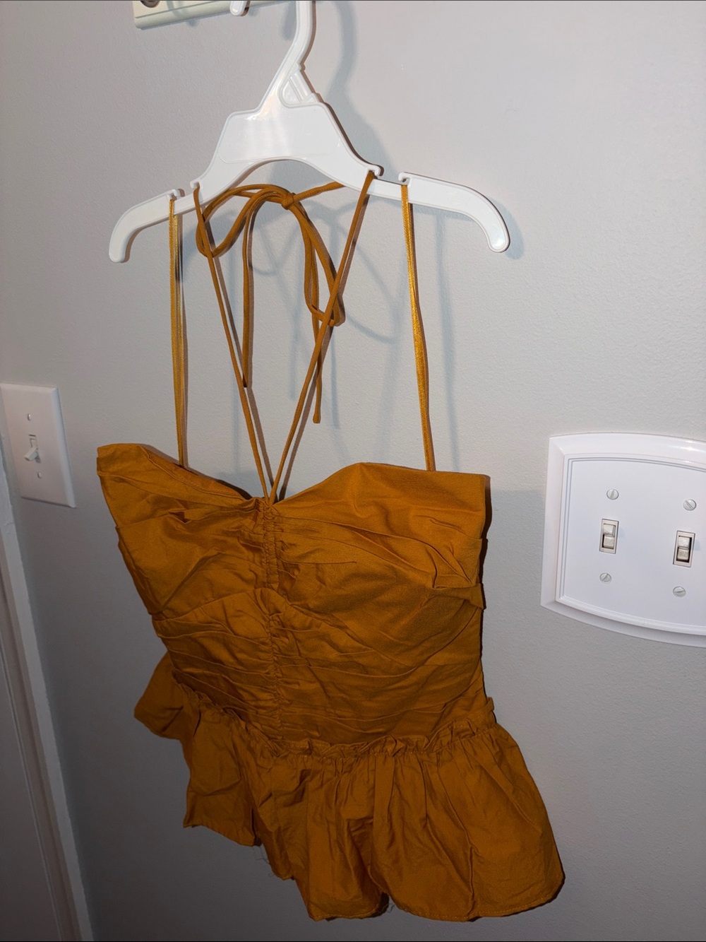 Express Mustard Tie-Back Ruffle Peplum Tank